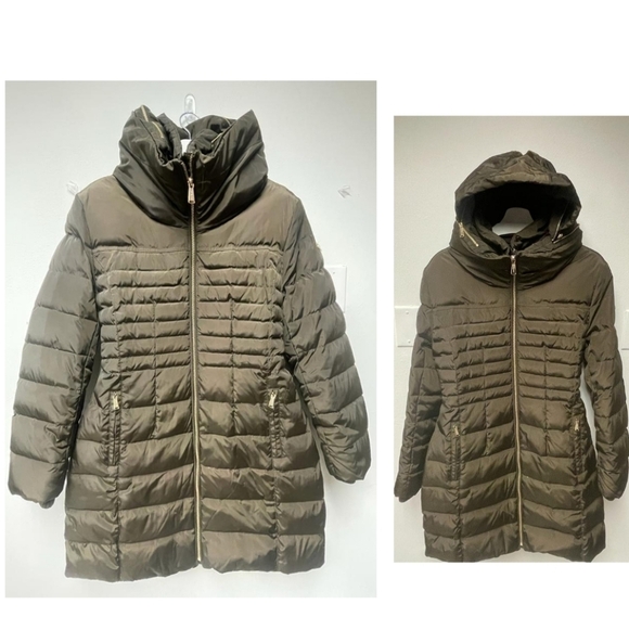 Michael Kors Coat Jacket Puffer Hood Hood Detachable Chocolate Brown Gold Size L - Picture 3 of 16